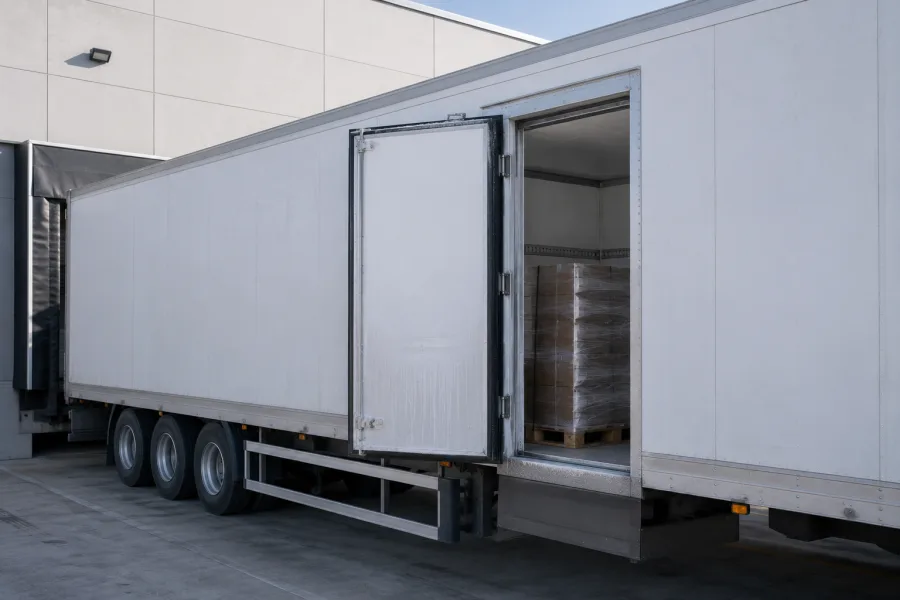 Side door open on a refrigerated trailer at a Canberra chilled dock