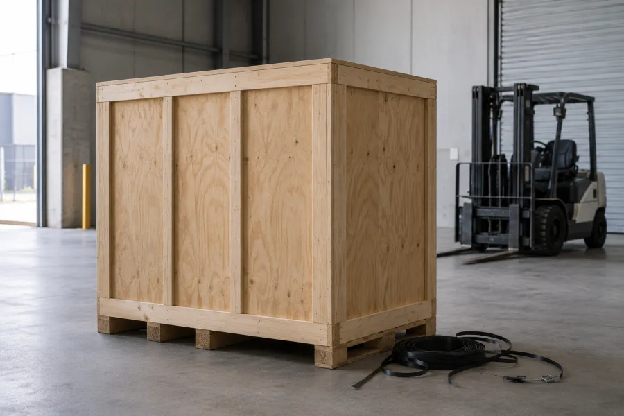 Crated machine unloaded and standing on a Canberra warehouse floor