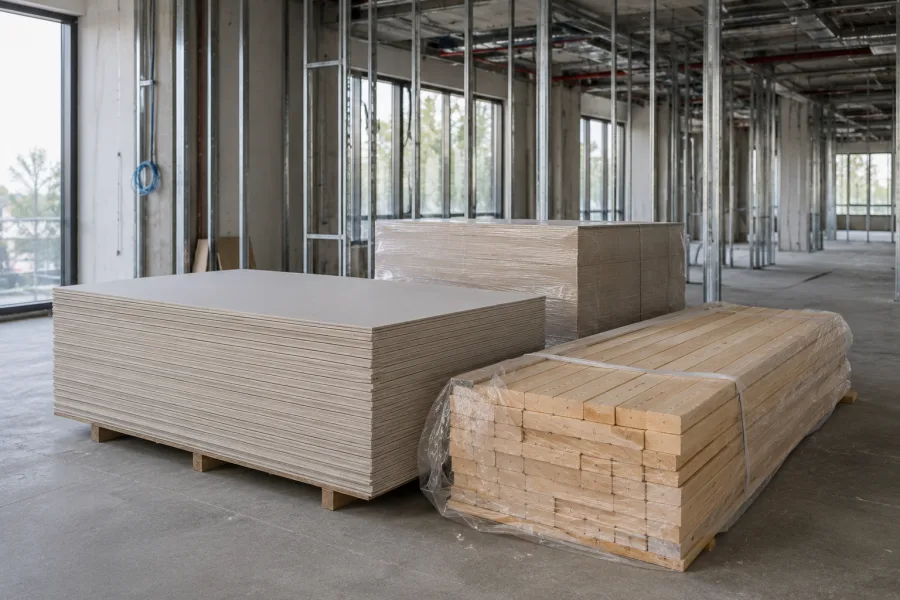 Plasterboard and framing delivered to a Canberra office fit-out