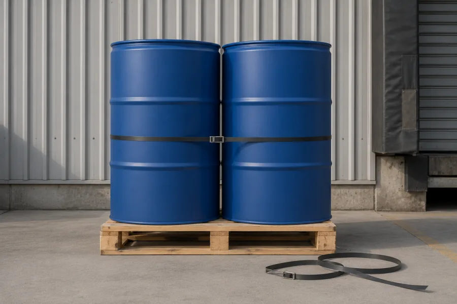 Sealed drums delivered and banded on a pallet at a Canberra dock