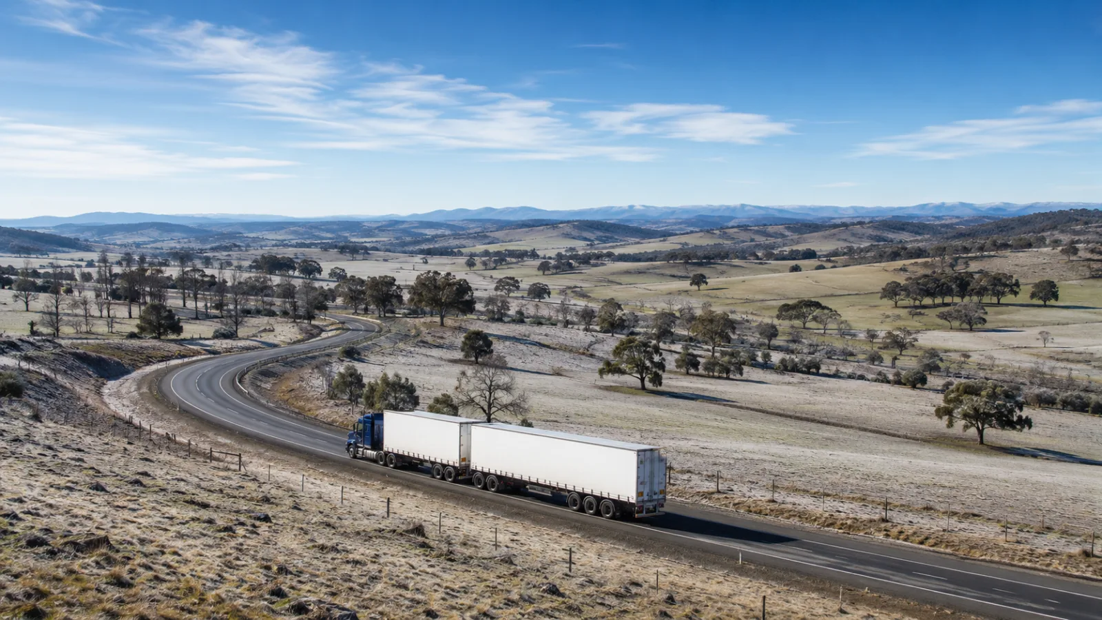 B-double approaching the ACT through the southern tablelands in winter