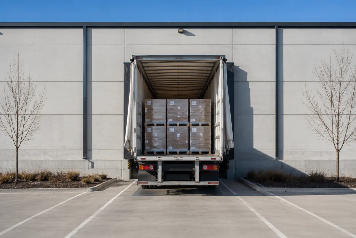Curtain-sided trailer squared into a dock at a Canberra freight estate