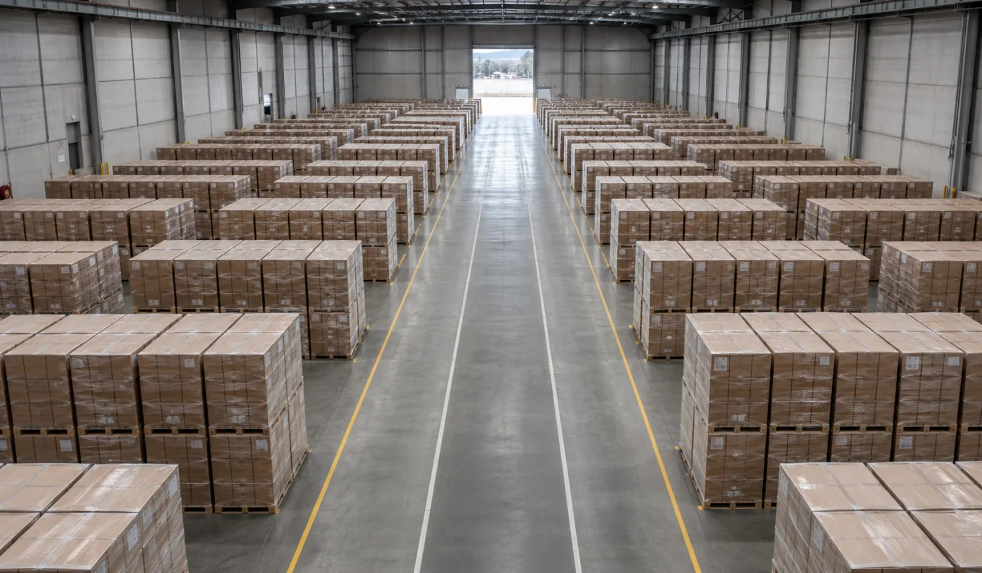 Staged pallets filling a Canberra distribution warehouse aisle