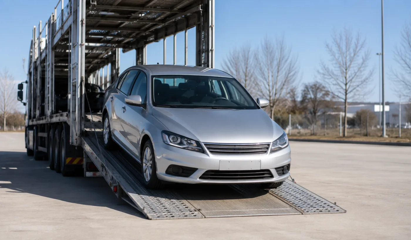 Car driven down the ramp of a carrier at delivery in Canberra