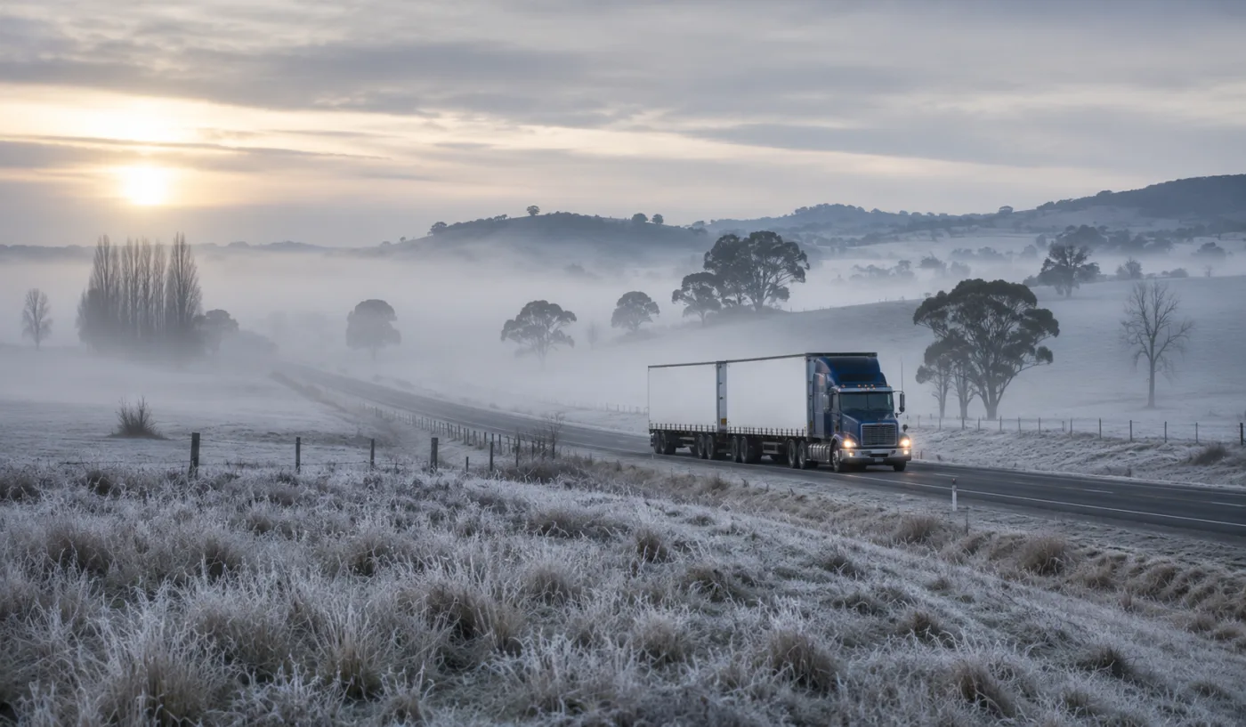 Semi-trailer emerging from morning fog on the frosted Hume approaches