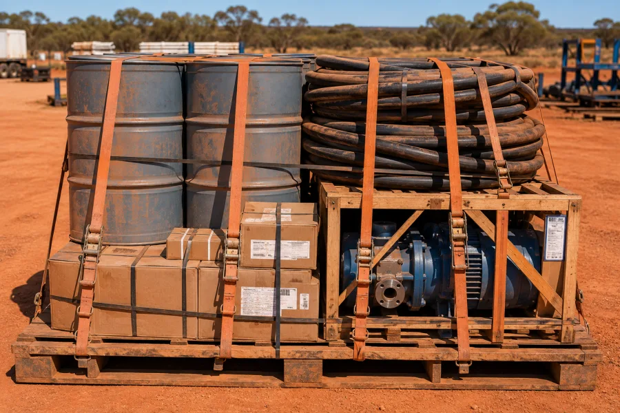 Drums, hose and a crated pump palletised for a remote Territory site
