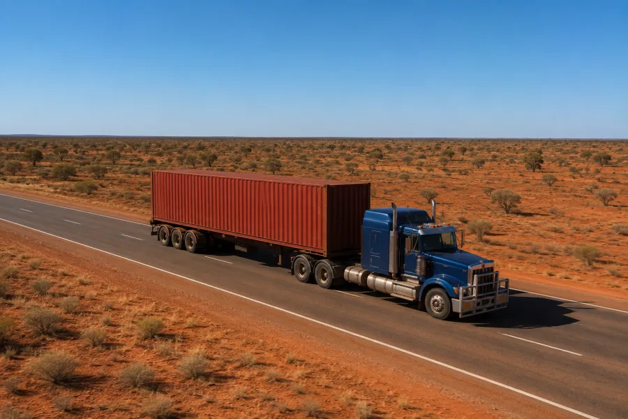 Shipping container travelling by road train across inland desert