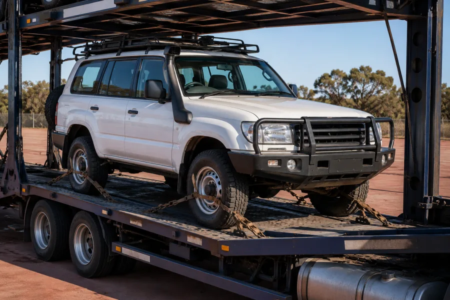 Touring 4WD with roof rack and snorkel strapped on a carrier deck