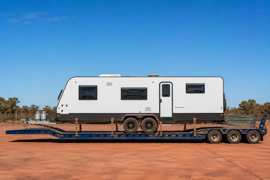 Touring caravan on a drop-deck under a wide outback sky