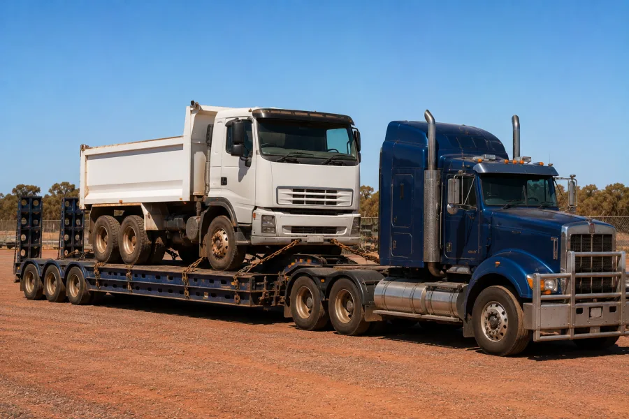 Rigid truck chained on a low-loader for relocation up the Track