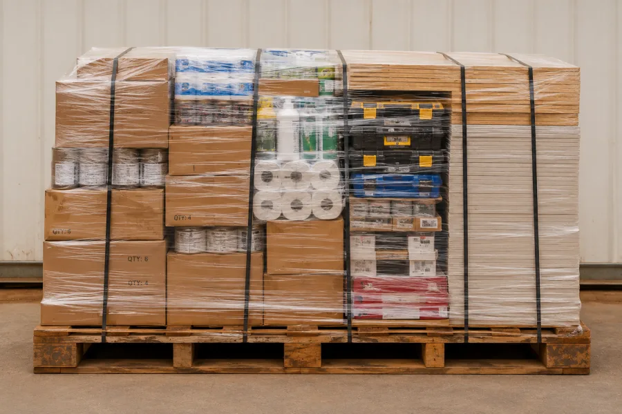 Wrapped pallet of groceries and hardware for remote community supply