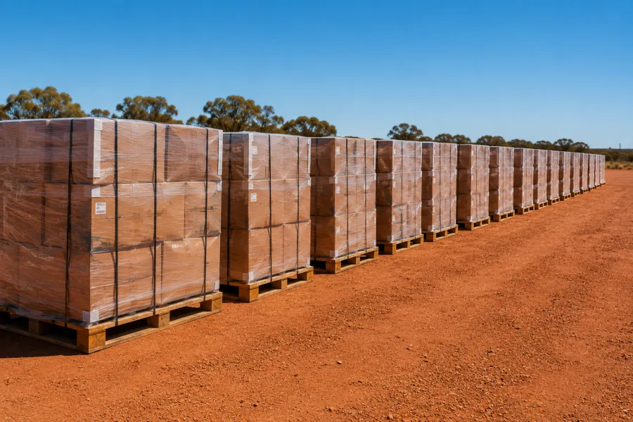 Rows of wrapped pallets staged for road train linehaul
