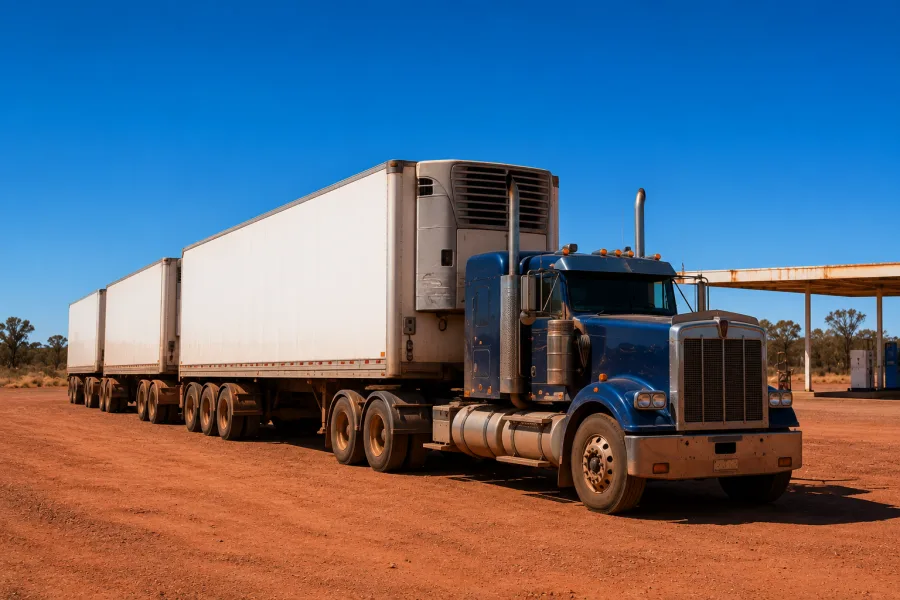 Refrigerated trailer working against the heat at a Stuart Highway fuel stop