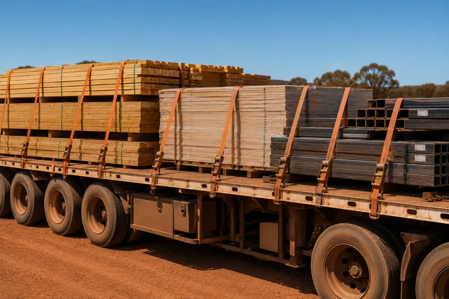 Timber and sheet materials strapped on a trailer bound for Darwin
