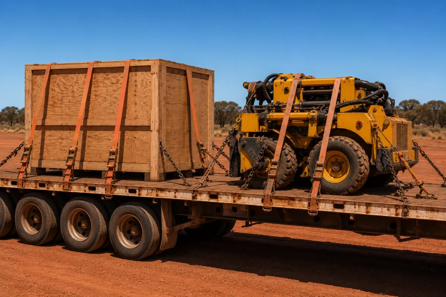 Crated machine and yellow plant loaded for a remote resources site