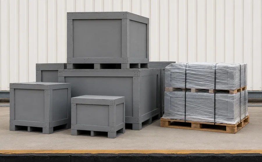 Neutral transit crates staged for a government delivery to Darwin