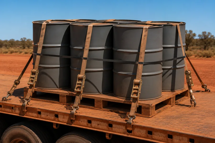 Sealed drums banded and strapped on a trailer for a remote site