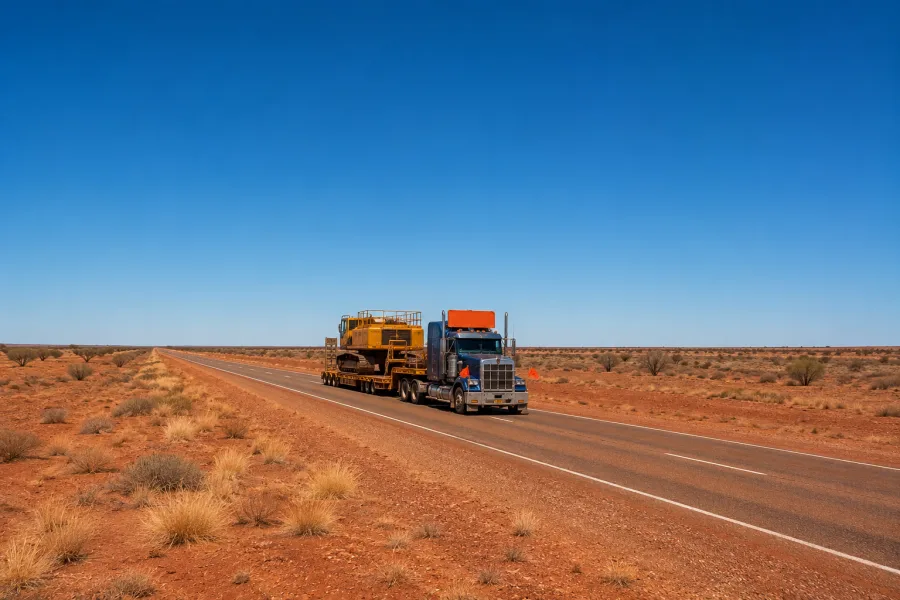 Oversize machine on a trailer on the empty Stuart Highway