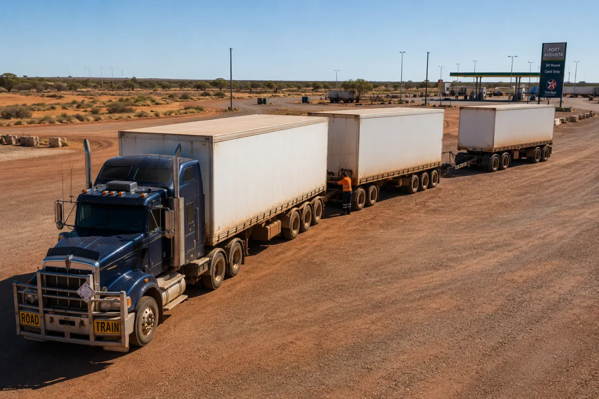 Road train trailers being coupled at a Stuart Highway assembly point