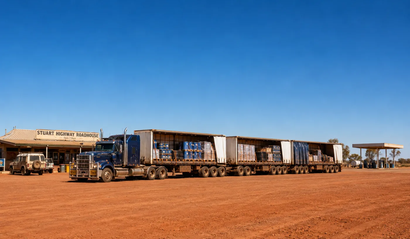 Loaded road train at a remote Stuart Highway roadhouse