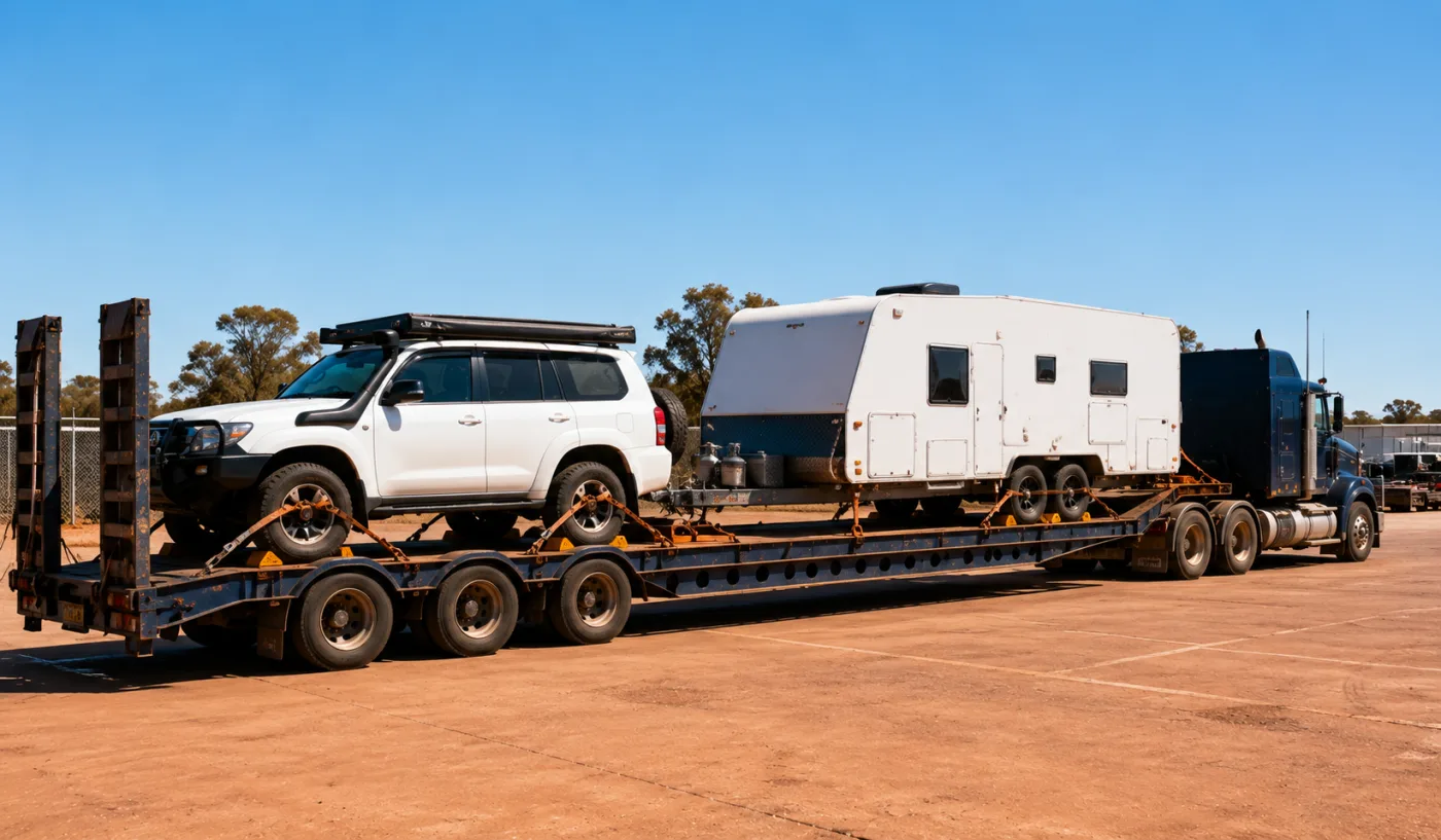 Touring 4WD and caravan loaded on a trailer for the run to Darwin