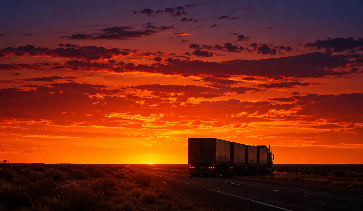 Road train silhouetted against an outback sunset on the Stuart Highway