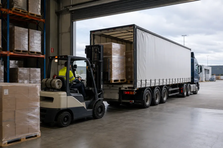 Pallets loaded into a trailer at a wharf-side warehouse before the crossing