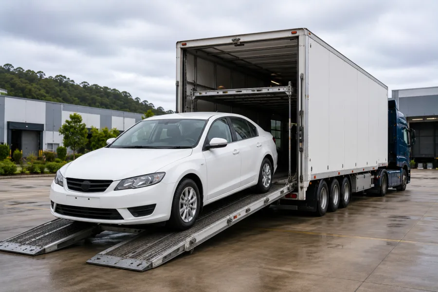 Car driving up the ramp onto the ferry vehicle deck