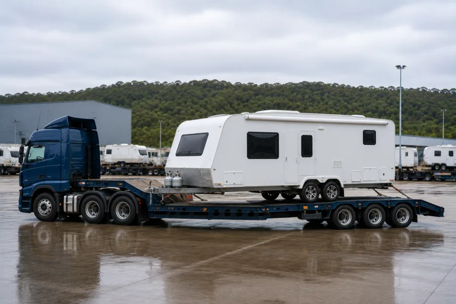 Touring caravan on a trailer waiting at the ferry terminal