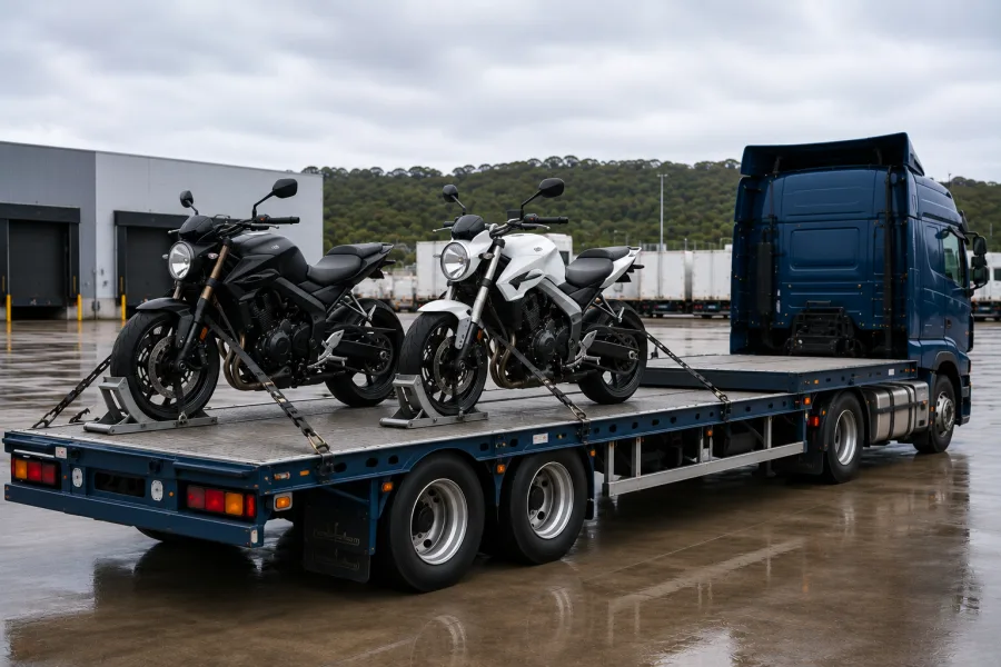 Motorcycles chocked on a trailer at the ferry terminal