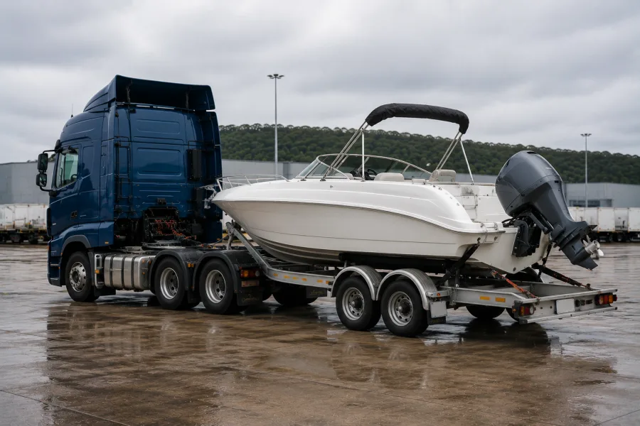 Runabout on its trailer at the ferry terminal bound for Tasmania