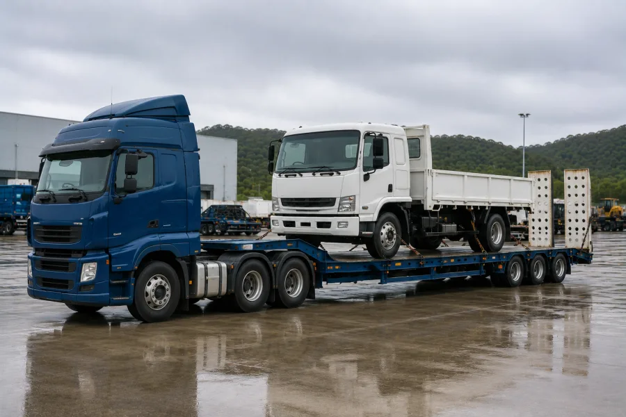 Rigid truck on a low-loader at the ferry terminal before the crossing