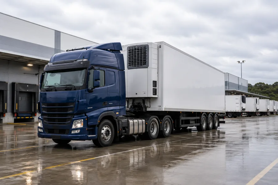 Refrigerated trailer waiting in the ferry queue with the vessel behind