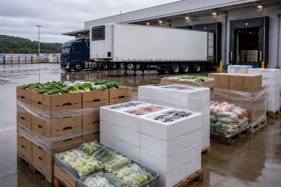 Produce and seafood pallets staged on a Tasmanian wharf for the return crossing
