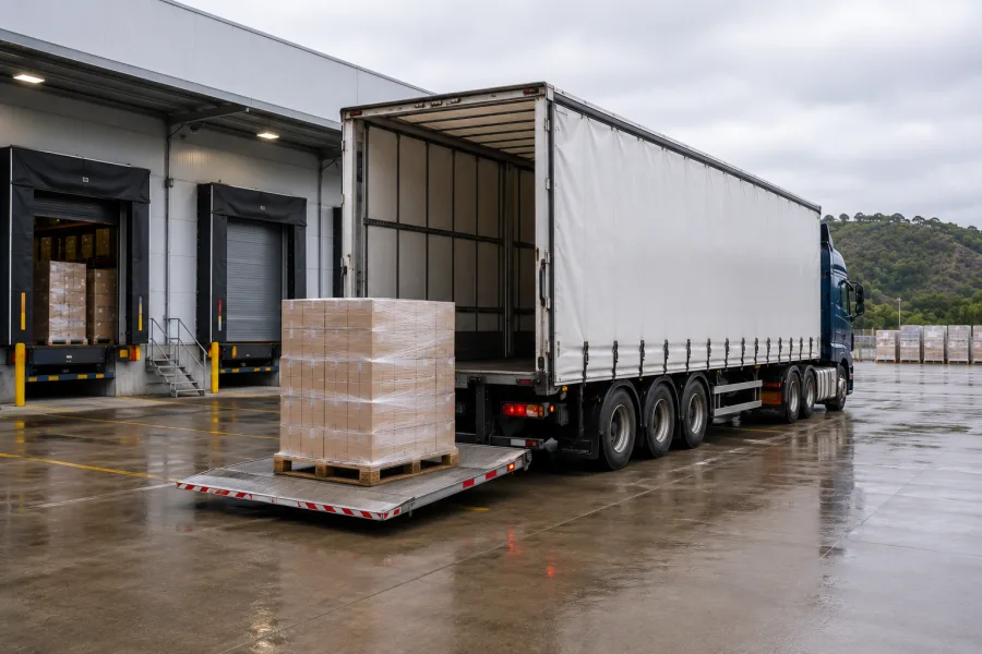 Pallet unloaded at a Tasmanian distribution dock with green hills behind