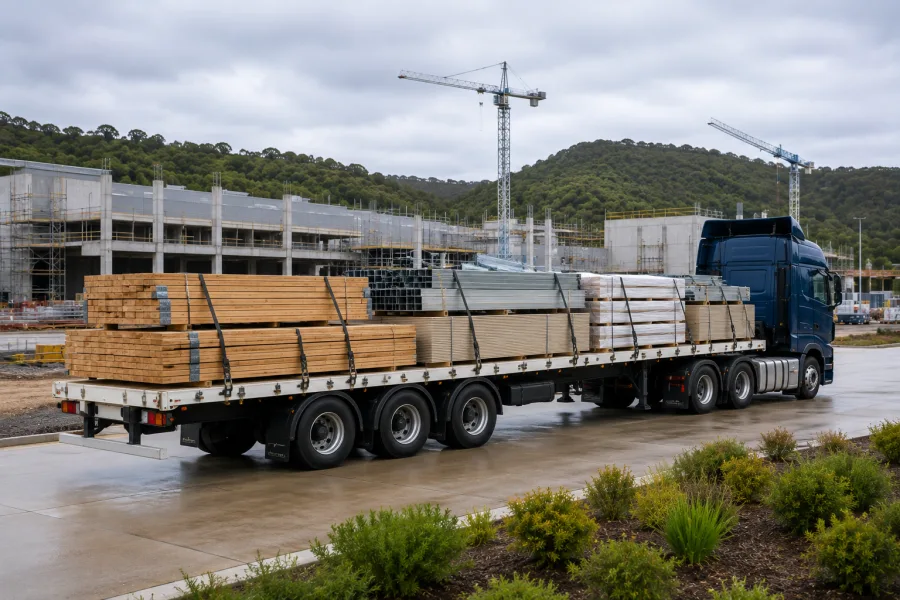 Timber and sheet materials delivered to a Tasmanian building site
