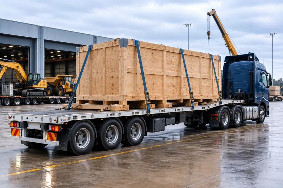 Crated machine on a trailer at the wharf with the ferry behind
