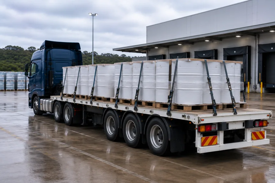 Sealed drums on a trailer at the ferry terminal awaiting the crossing