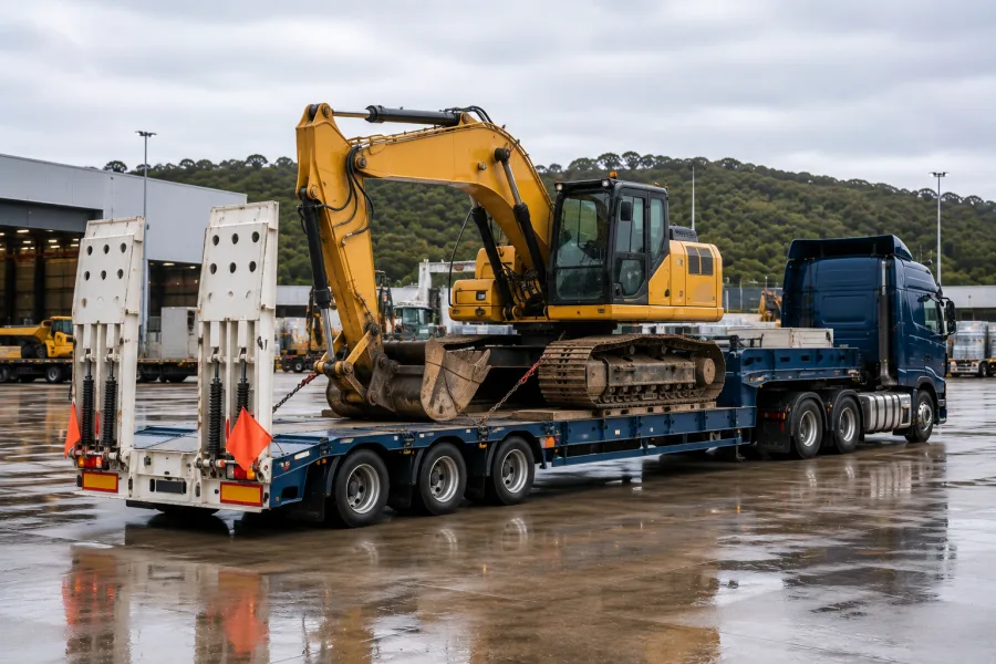 Oversize machine on a low-loader parked at the ferry terminal