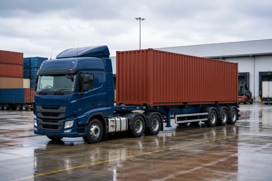Container on a trailer at the ferry terminal ahead of the crossing