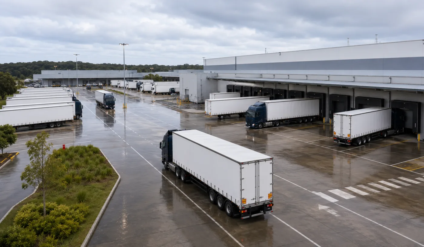 Freight and vehicles queuing to board a berthed ferry with its ramp down