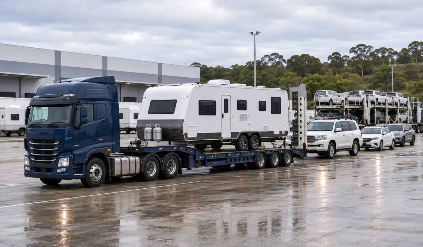 Caravan and 4WD waiting in the ferry queue for the crossing to Tasmania