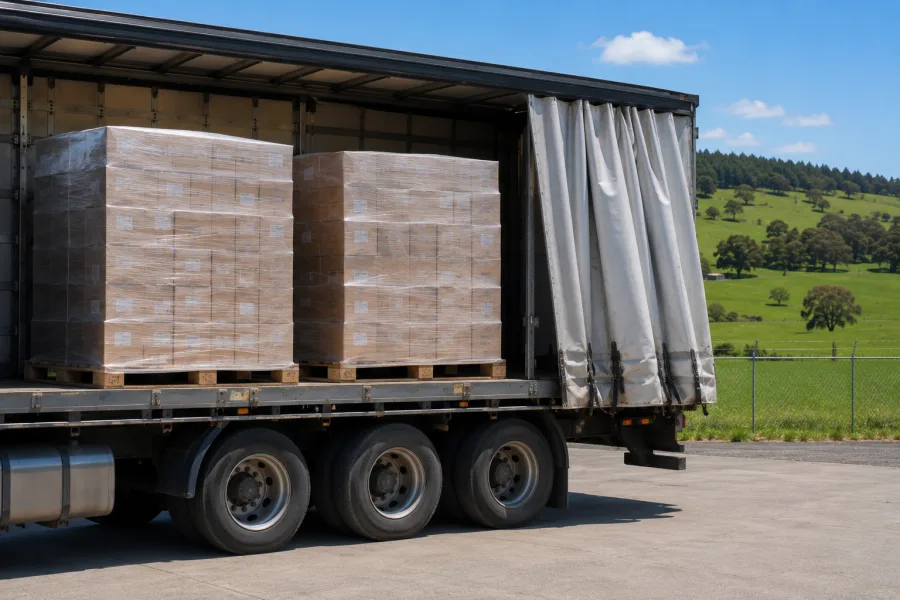 Wrapped pallets on a trailer with green south-east country behind
