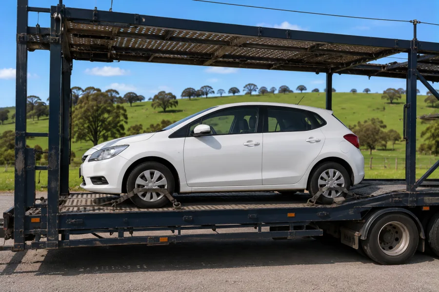 Car strapped on a carrier deck with green country behind