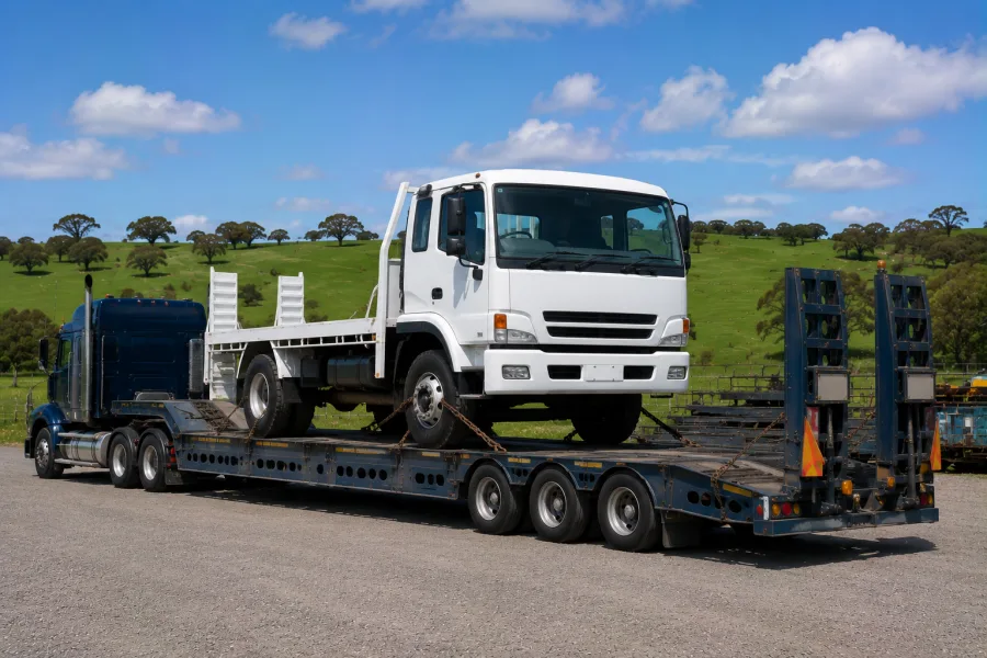 Rigid truck chained on a low-loader with green country behind