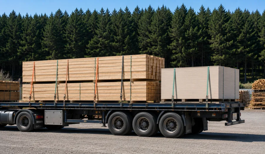 Sawn timber and panel products strapped on a trailer at a mill