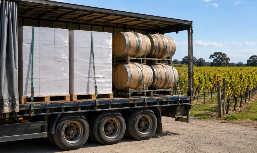 Cased wine and oak barrels palletised at a Coonawarra winery