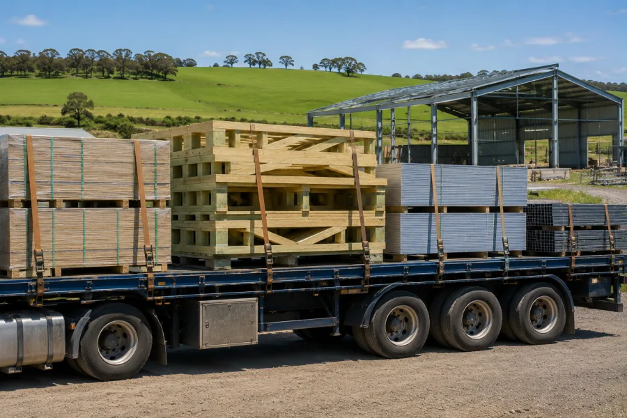 Timber and sheet materials on a trailer at a south-east building site