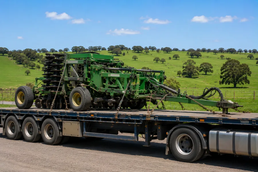 Folded farm implement chained on a trailer in the green south-east