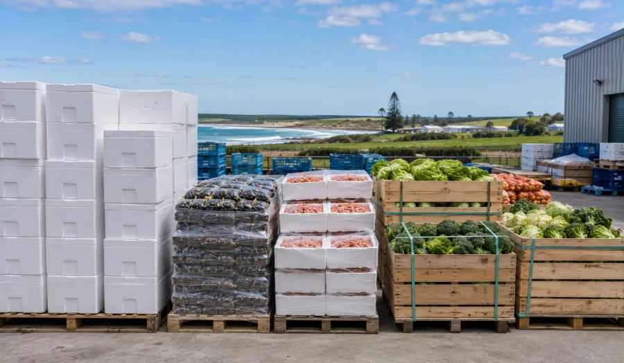 Seafood boxes and produce staged for the return run to Adelaide